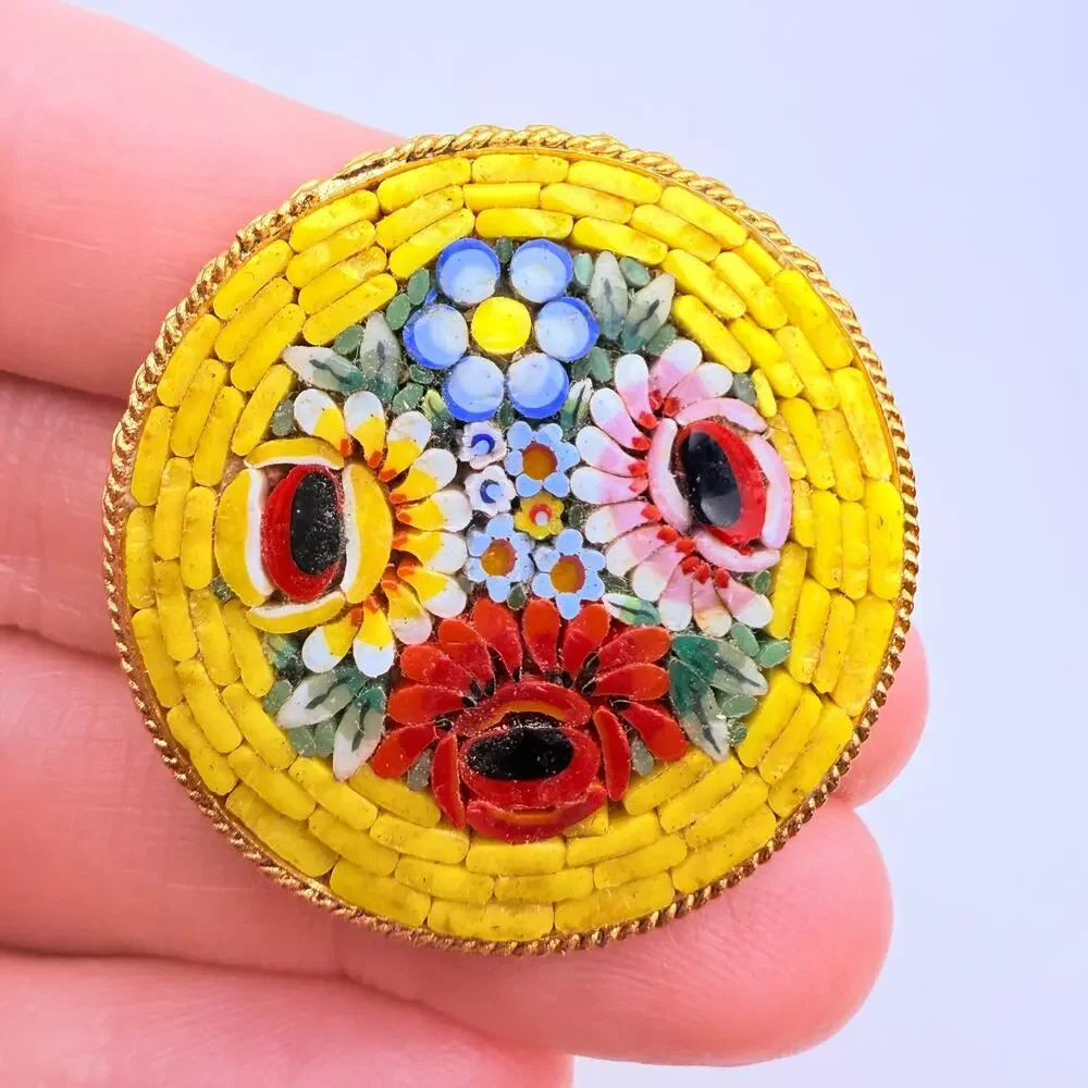 Vtg Micro Mosaic Millefiori Brooch Floral Yellow Red Blue Pink Green Italy 1.5